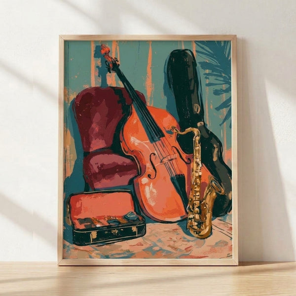 Framed pop art poster featuring a teal green upright bass and burnt orange saxophone against a deep red background with gold accents, capturing an energetic vintage-modern jazz aesthetic.