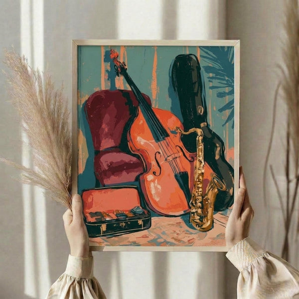 Vibrant framed jazz poster showcasing an upright bass and saxophone in striking teal and burnt orange hues with gold highlights, blending vintage and contemporary pop art styles.