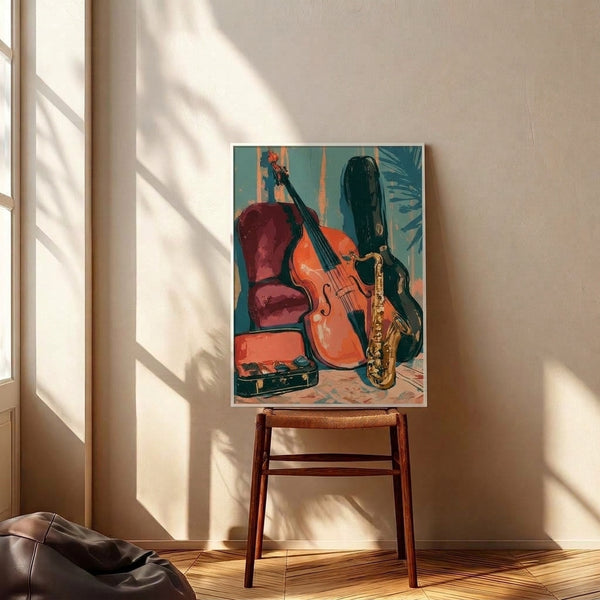 Contemporary pop art wall print featuring jazz instruments—bass and saxophone—rendered in energetic teal green, burnt orange, and deep red with gold details in a retro-modern design.