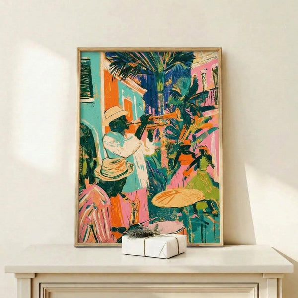Energetic retro-modern artwork featuring a musician with trumpet and palm trees in bold turquoise, orange, and dark green colors, printed as a framed poster.