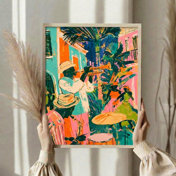 Colorful pop art print showing a celebratory street musician playing trumpet amid tropical elements, rendered in vibrant turquoise, pink, orange, and cream tones on a wall.