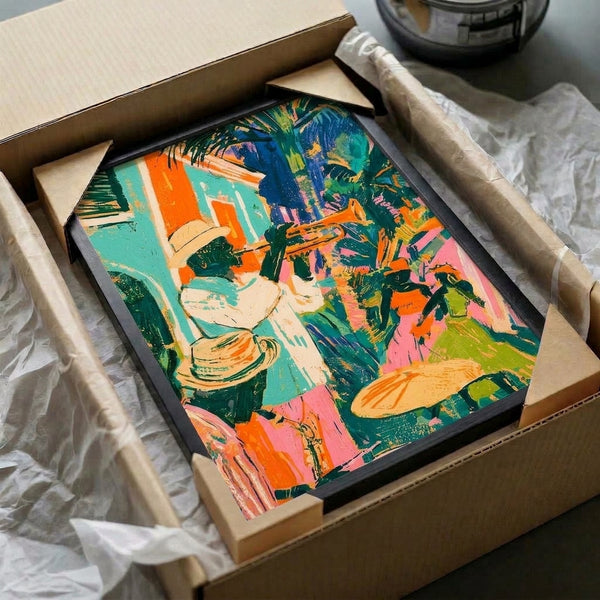 Modern retro-style framed poster of a New Orleans jazz scene with a trumpet player, palm, and drum in dynamic turquoise, orange, pink, and green colors.