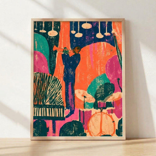 Retro jazz trio screen print featuring musicians with trumpet and piano, surrounded by lanterns and foliage in deep teal, coral orange, and magenta pink tones, framed as wall art with art deco and Y2K styling.