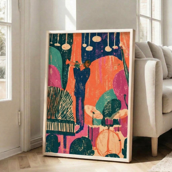 Vibrant retro futurism poster showcasing a jazz ensemble with instruments and decorative lanterns against sage green and cream accents, blending energetic art deco design with contemporary Y2K aesthetics.