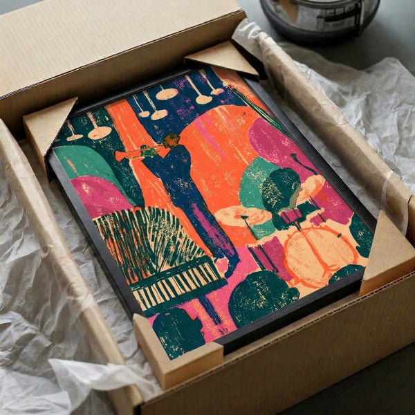 Funky retro screen print celebrating live jazz performance with magenta pink, sage green, and cream palette, featuring musicians and botanical elements in a vibrant art deco and Y2K inspired composition.