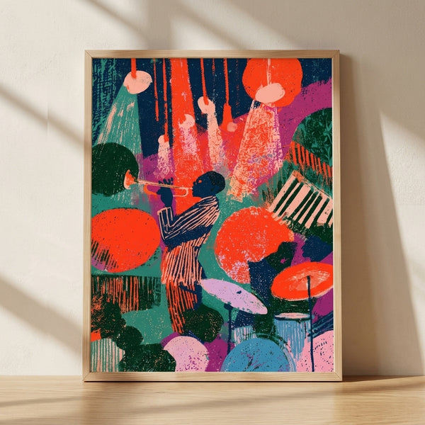 Vibrant pop art framed poster featuring an energetic jazz trumpeter in bold red-orange, teal, and magenta abstract shapes, with drum kit elements in navy blue and pale pink tones.