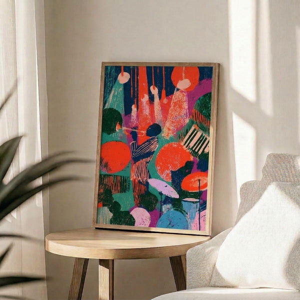 Framed abstract jazz artwork with an expressive trumpeter rendered in bold magenta, teal-green, and navy blue colors against energetic compositional elements.
