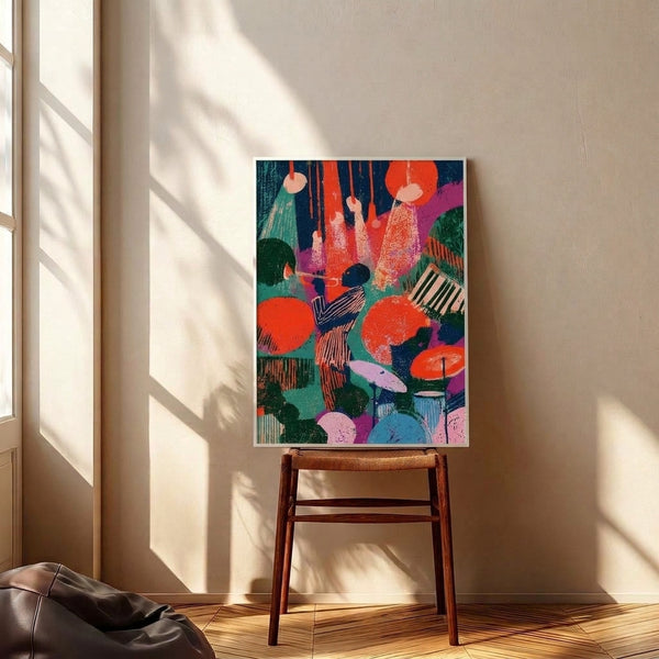 Colorful pop art wall poster depicting a vibrant trumpet player surrounded by musical instruments in striking red-orange, pale pink, and teal geometric designs.