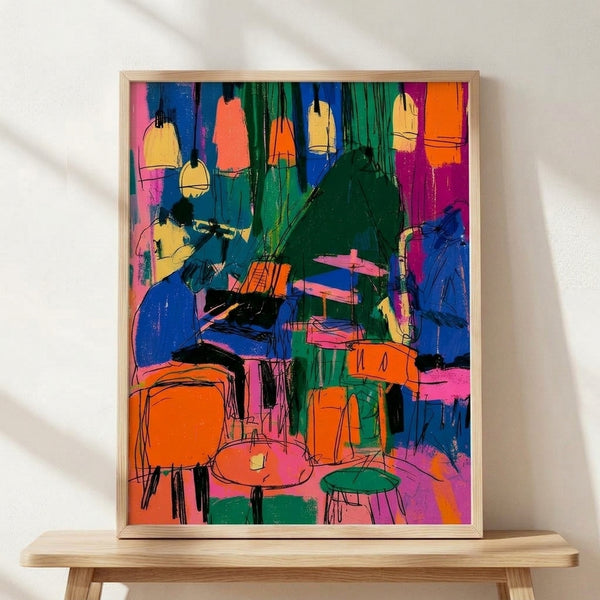 Vibrant pop art poster featuring an energetic jazz musician with drums and guitar on stage, rendered in hot pink, electric blue, orange, and yellow with bold abstract shapes and playful modern design.
