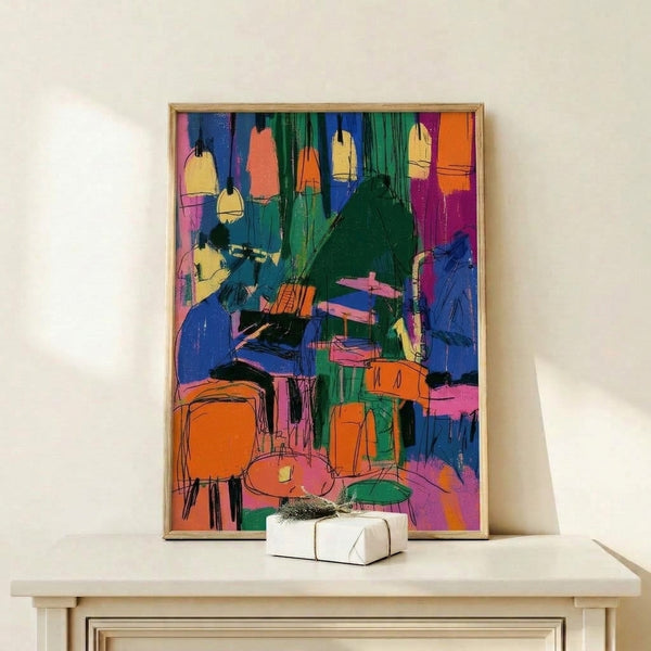 Abstract pop art wall print of a dynamic jazz performance with drum kit and instruments in striking neon colors including electric blue, hot pink, and bright yellow against a energetic background.
