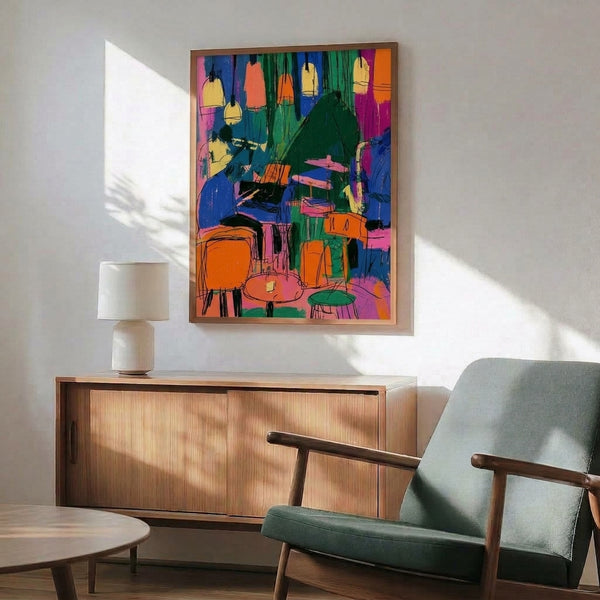 Modern pop art artwork depicting a lively jazz club scene with musicians and drums in vibrant hot pink, orange, electric blue, and green tones with playful abstract composition.