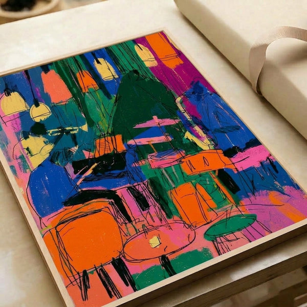Colorful framed pop art print showcasing an upbeat jazz performance with drum kit and guitar rendered in bold electric blue, hot pink, yellow, and orange with energetic abstract style.