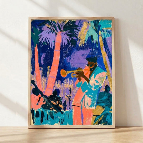 Vibrant pop art poster featuring silhouetted jazz musicians with trumpet player beneath swaying palm trees in deep blue, coral orange, turquoise, and golden yellow hues.