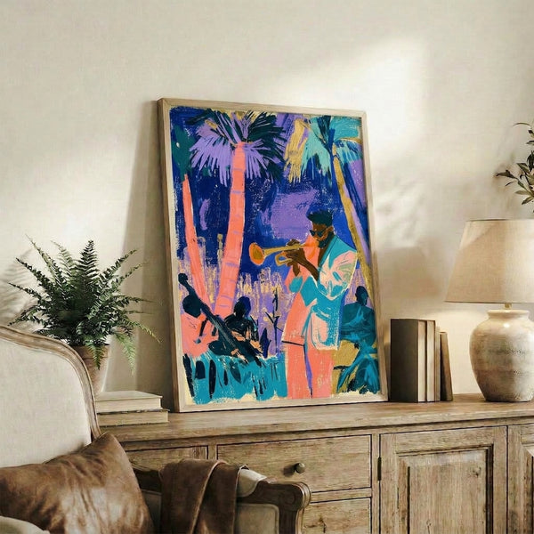 Modern abstract artwork celebrating tropical jazz with dynamic musician silhouettes and palm fronds in bold pops of coral, turquoise, and purple against rich blue tones.