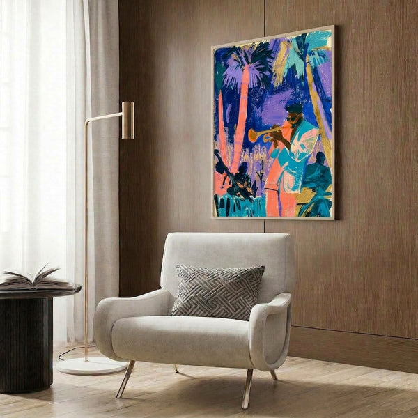 Energetic pop art print of jazz trio performing under stylized palm trees rendered in vibrant corals, golds, and teals with deep blue background and abstract composition.