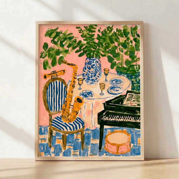 Minimalist jazz still life poster featuring a grand piano, saxophone, and trumpet arranged with a potted plant, striped chair, and glassware in pink, blue, gold, and cream tones.
