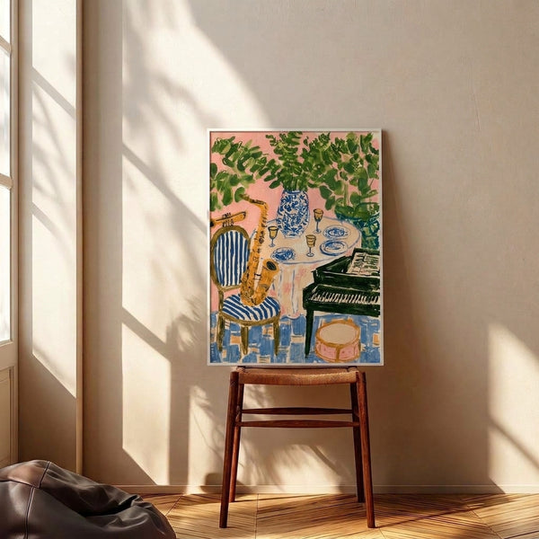 Modern whimsical art print showing musical instruments including piano and saxophone alongside botanical and interior elements in a sophisticated palette of pink, blue, and gold.