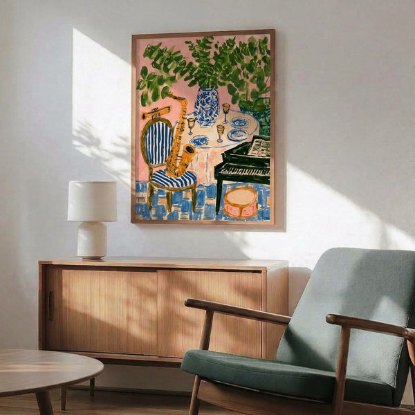 Contemporary minimalist poster of a creative jazz scene with piano, wind instruments, potted plant, and table setting rendered in playful pink and blue stripes with warm gold accents.