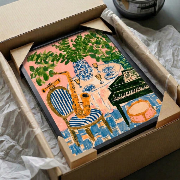 Sophisticated yet joyful interior art print depicting a piano with jazz instruments, chair, and still life objects in a refined color scheme of pink, blue, cream, and green.