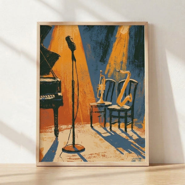 Retro jazz club stage poster featuring a microphone, piano, trumpet, and saxophone in warm golden yellow and burnt orange tones with slate blue and cream accents, evoking nostalgic 1920s cabaret ambiance.