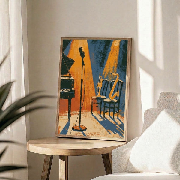 Vintage-style art print of a jazz performance scene with musical instruments and stage seating, rendered in rich warm golds and teals that capture the energetic, nostalgic mood of a classic nightclub.