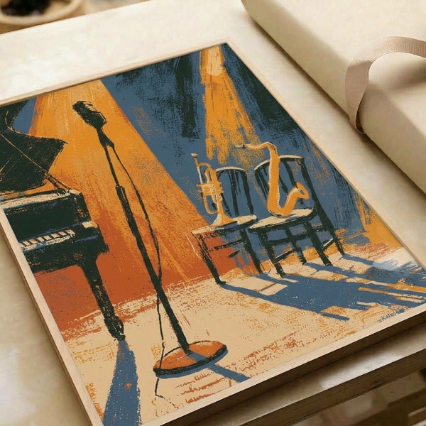 Retro poster showcasing a jazz stage setup with microphone, piano, and brass instruments against a warm color palette of golden yellows, burnt oranges, and dark teals, framed and displayed on a wall.