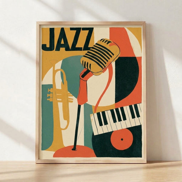 Vintage jazz club poster with Bauhaus design featuring a microphone, trumpet, and piano in mustard gold, teal, and coral red on a cream background, framed on a wall.