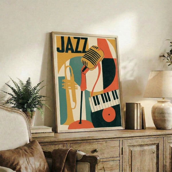 Art Deco style retro music print displaying stylized jazz musicians with instruments in bold geometric shapes and a sophisticated palette of gold, teal, and red tones.