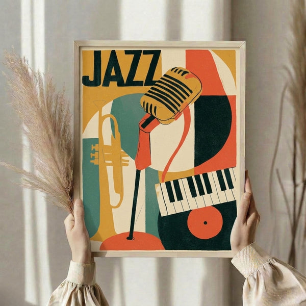 Energetic vintage jazz poster with Bauhaus aesthetics showing a microphone and trumpet in mustard, teal green, and coral against a cream backdrop, hung as a framed wall print.