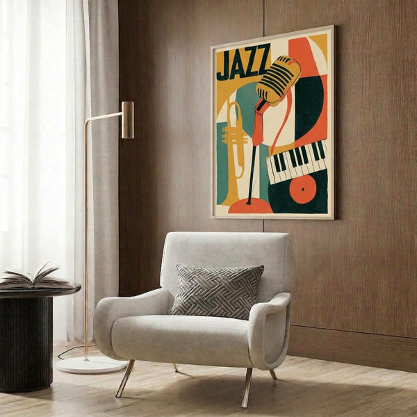 Retro music art print in Art Deco style featuring jazz instruments arranged in geometric Bauhaus design with warm gold, cool teal, and vibrant red accents on cream.