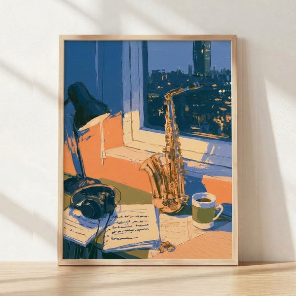 Framed retro-futurism art print featuring a saxophone, headphones, and coffee cup against a vibrant cityscape in periwinkle blue, burnt orange, and cream tones, evoking a Y2K urban jazz aesthetic.