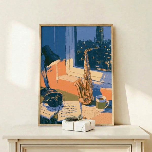 Modern pop art poster with a saxophonist silhouette surrounded by creative symbols including headphones, notebook, and city lights in gold, forest green, and periwinkle hues.