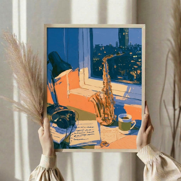 Contemporary Y2K cyberpunk-inspired wall art depicting a saxophone with coffee and urban nightscape elements in bold periwinkle, orange, and cream palette for creative spaces.