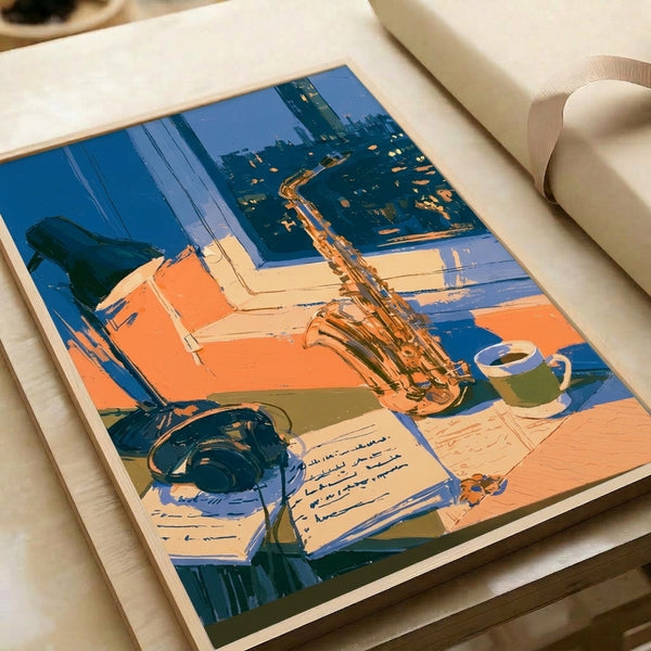 Retro jazz-themed art print showcasing saxophone, headphones, and city window view in vibrant gold, forest green, and blue tones with an inspirational creative mood.