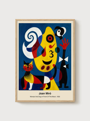 Joan Miro Woman and Dog in Front of the Moon Print poster in oak frame