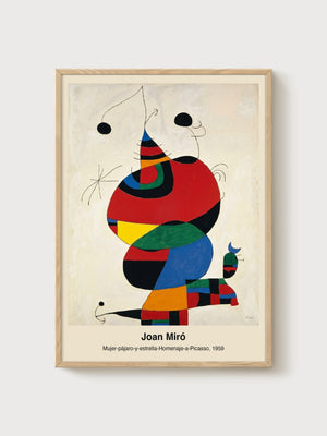 Joan Miro Woman Bird Star poster in oak frame