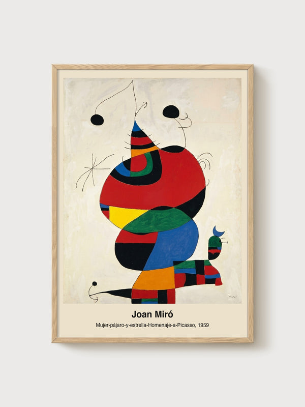 Joan Miro Woman Bird Star poster in oak frame