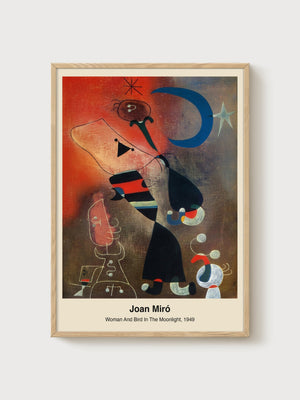 Joan Miro Woman And Bird In The Moonlight poster in oak frame