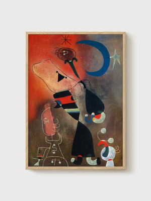 Joan Miro Woman And Bird In The Moonlight poster in oak frame