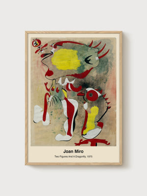 Joan Miro Two Figures And A Dragonfly Poster poster in oak frame