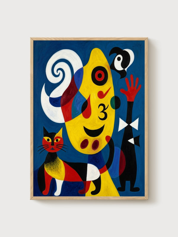 Joan Miro Woman and Dog in Front of the Moon Print poster in oak frame