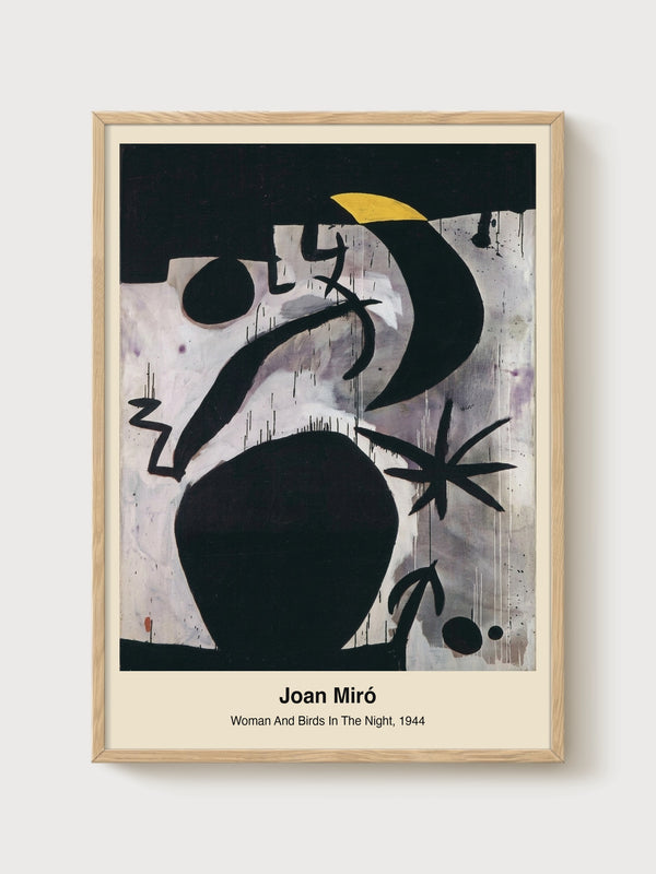 Joan Miro Woman And Birds In The Night Poster poster in oak frame