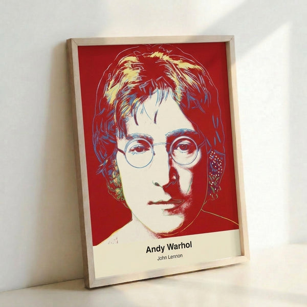 Vibrant pop art portrait of the Beatles musician John Lennon with bold primary color palette and high-contrast graphic treatment.