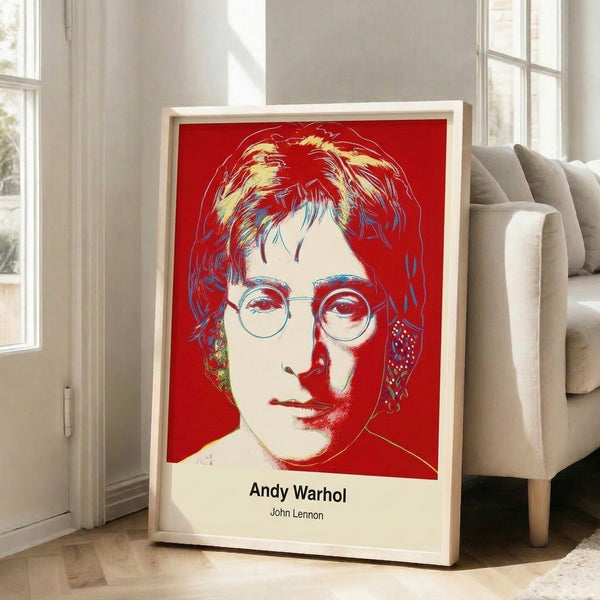 John Lennon portrait in dynamic pop art style with vivid primary colors and graphic bold lines, cultural tribute poster on wall.
