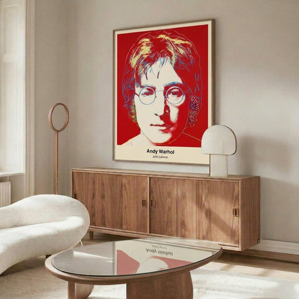 Pop art representation of musician John Lennon featuring bright vibrant hues, black accents, and modern graphic portrait style.