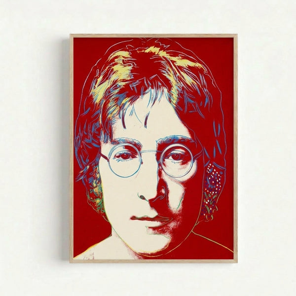 Framed pop art print featuring John Lennon's face in bright, saturated colors characteristic of 1960s Warhol artwork.