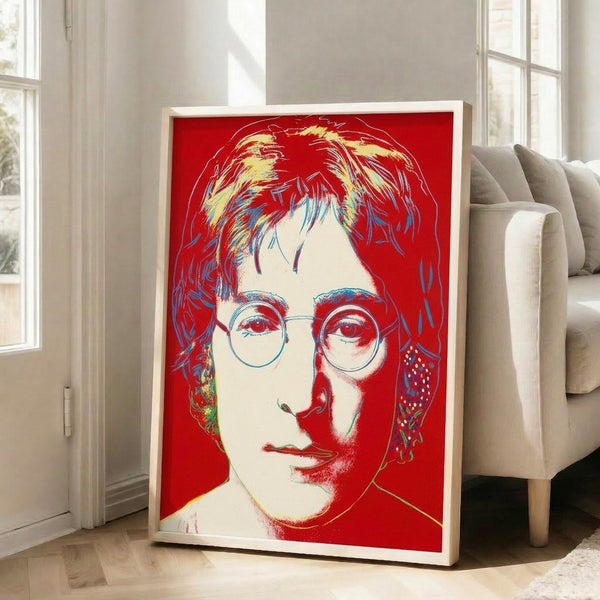 John Lennon pop art poster in the style of Andy Warhol, showcasing bold outlined features and luminous color palette against a striking background.