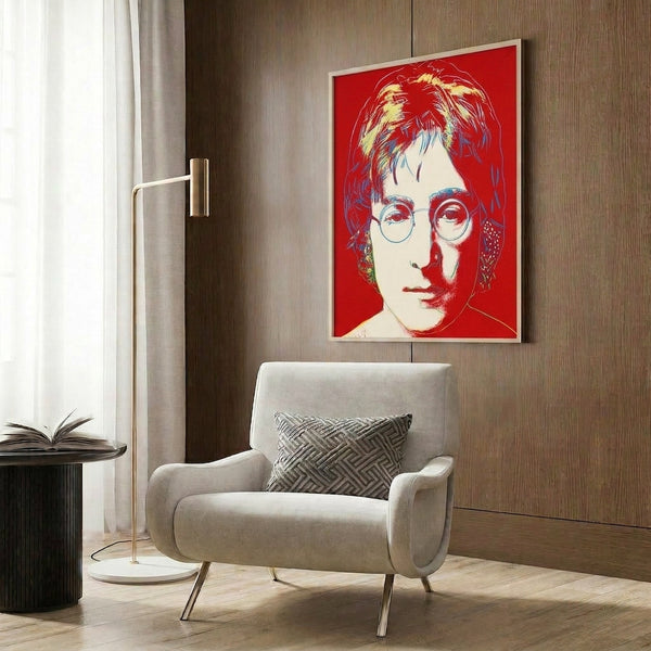 Colorful graphic portrait of John Lennon in classic Warhol pop art technique, framed on a wall as a contemporary art print.