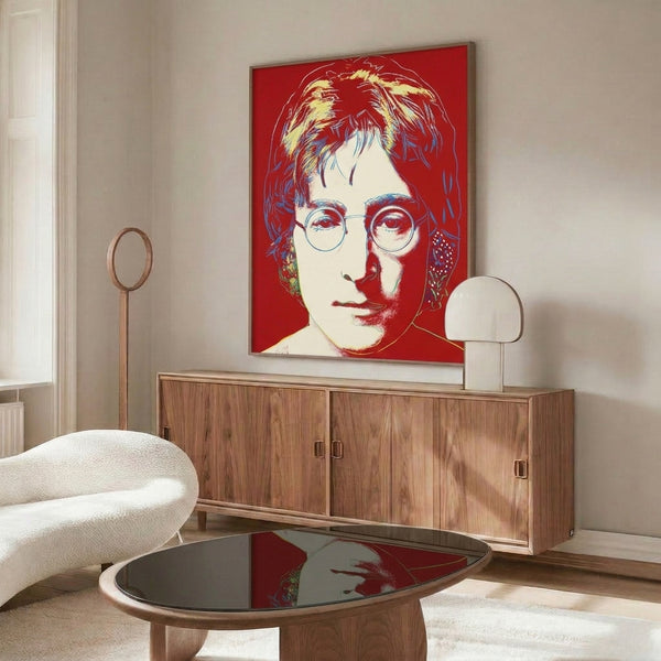Pop art rendition of John Lennon with flat color fields and strong graphic design, reflecting the psychedelic aesthetic of Warhol's silkscreen prints.