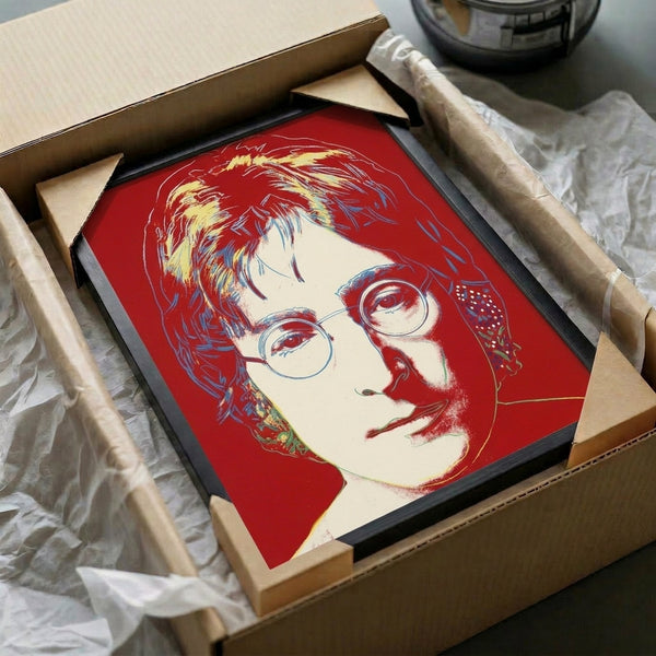 John Lennon portrait in vibrant pop art style with bold lines and saturated colors, presented as a framed poster artwork.